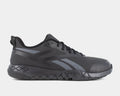 Reebok Work Flexagon Force XL Work shoes in black with a sleek synthetic upper and textured slip-resistant outsole, side view.