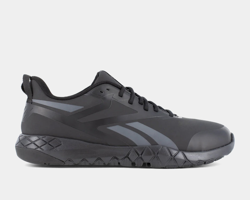 Reebok Work Flexagon Force XL Work shoes in black with a sleek synthetic upper and textured slip-resistant outsole, side view.