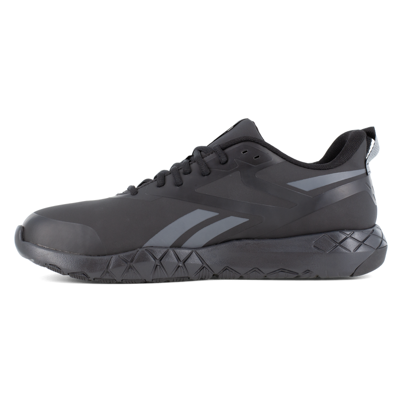 Reebok Work Flexagon Force XL Work shoes in black with gray accents, lightweight design with slip-resistant outsole, side view.