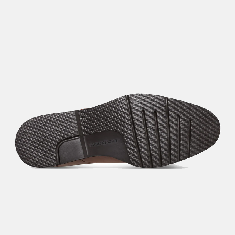 Rockport Folton Almond Toe Slip On shoes sole view showing textured black rubber outsole with brand logo.