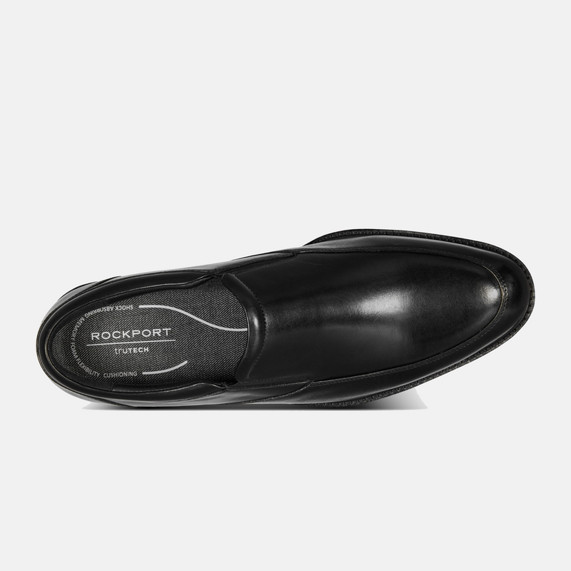 Rockport Folton Almond Toe Slip On shoes in black leather with cushioned footbed, top view.
