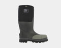 Bogs Forge Steel Toe boots in black and gray with a durable rubber upper, safety toe protection, and slip-resistant outsole, side view.