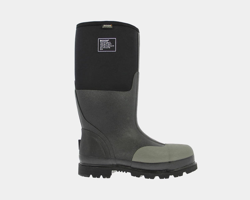 Bogs Forge Steel Toe boots in black and gray with a durable rubber upper, safety toe protection, and slip-resistant outsole, side view.