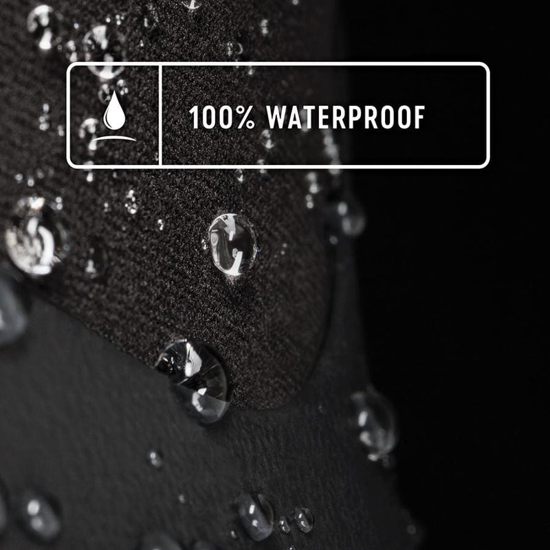 Bogs Forge Steel Toe boots close-up showing black waterproof upper material with water droplets highlighting 100% waterproof feature.
