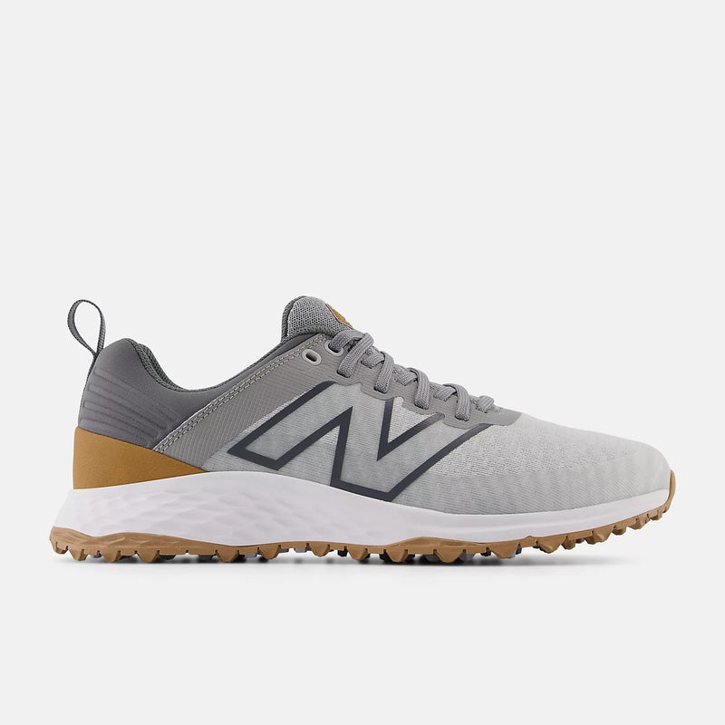 New Balance Golf Fresh Foam Contend v2 golf shoes in gray with white midsoles and gum rubber outsoles, side view.