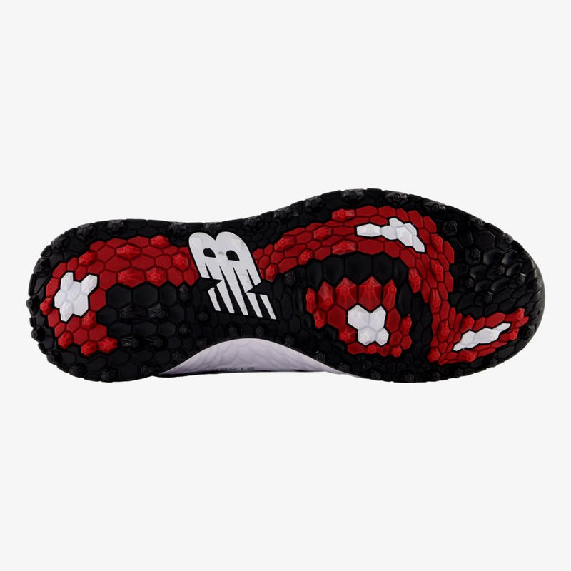 New Balance Golf Fresh Foam Contend v2 golf shoes outsole with hexagonal pattern in black, red, and white, bottom view.