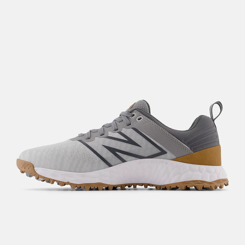 New Balance Golf Fresh Foam Contend v2 golf shoes in gray with mesh upper, white midsole, and tan outsole, side view.