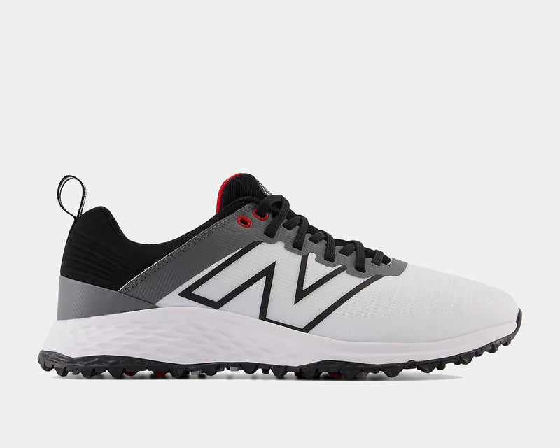 New Balance Golf Fresh Foam Contend v2 golf shoes in white, black, and gray with breathable mesh upper and spiked outsole, side view.