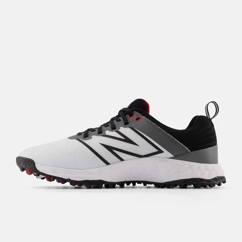 New Balance Golf Fresh Foam Contend v2 golf shoes in white, gray, and black with red accents, side view showing mesh upper and spiked outsole design.