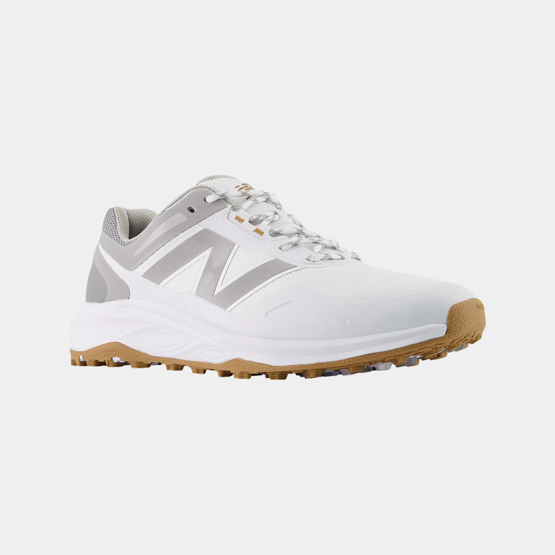 New Balance Golf Fresh Foam Contend v3 golf shoes in white and gray with gum outsole and mesh accents, side/front view.