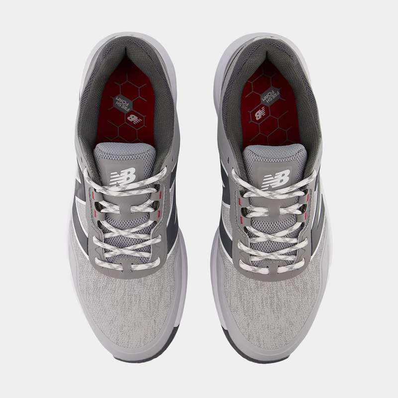 New Balance Golf Fresh Foam Contend v3 golf shoes top view in gray and white with mesh uppers, lace system, and red hex-patterned insoles.