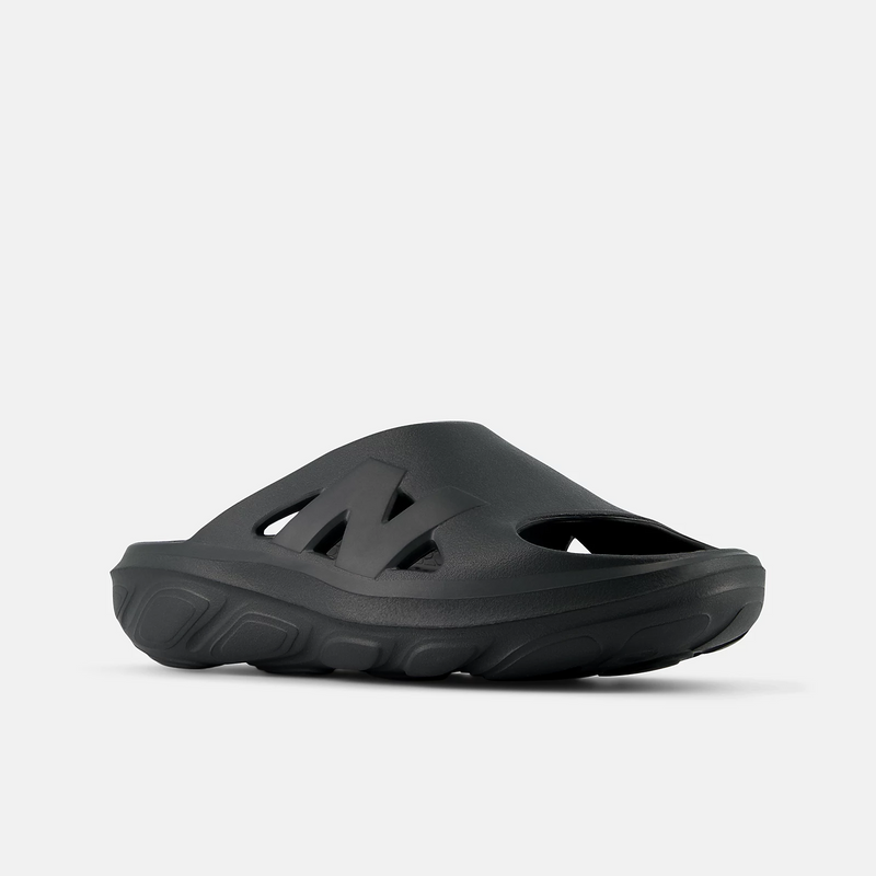 New Balance Fresh Foam RCVRY Slide sandals in black with contoured foam sole and ventilated upper, angled side view.