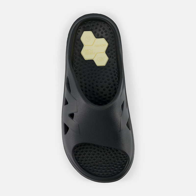 New Balance Fresh Foam RCVRY Slide sandals in black with textured foam footbed and open-toe design, top view.