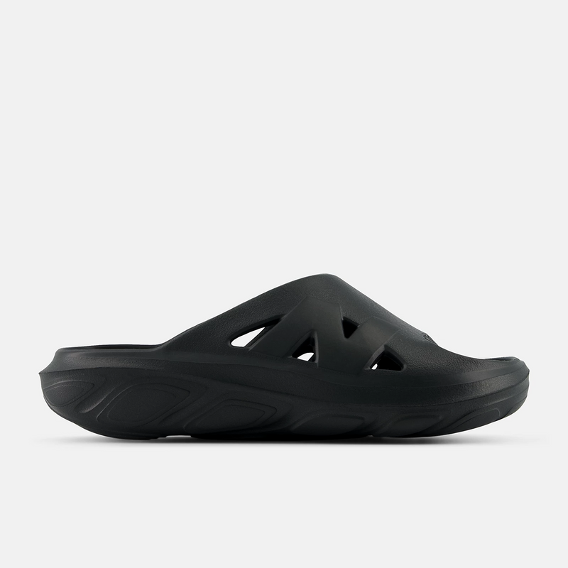 New Balance Fresh Foam RCVRY Slide sandals in black with soft foam cushioning and cutout design, side view.