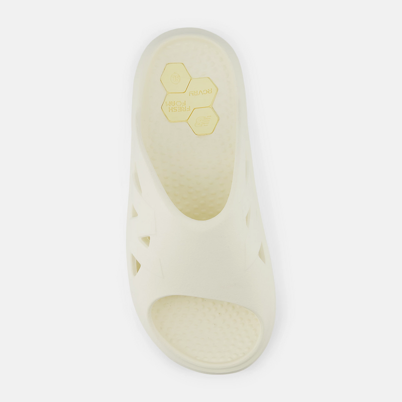 New Balance Fresh Foam RCVRY Slide sandals in off-white with breathable cutouts and textured footbed, top view.