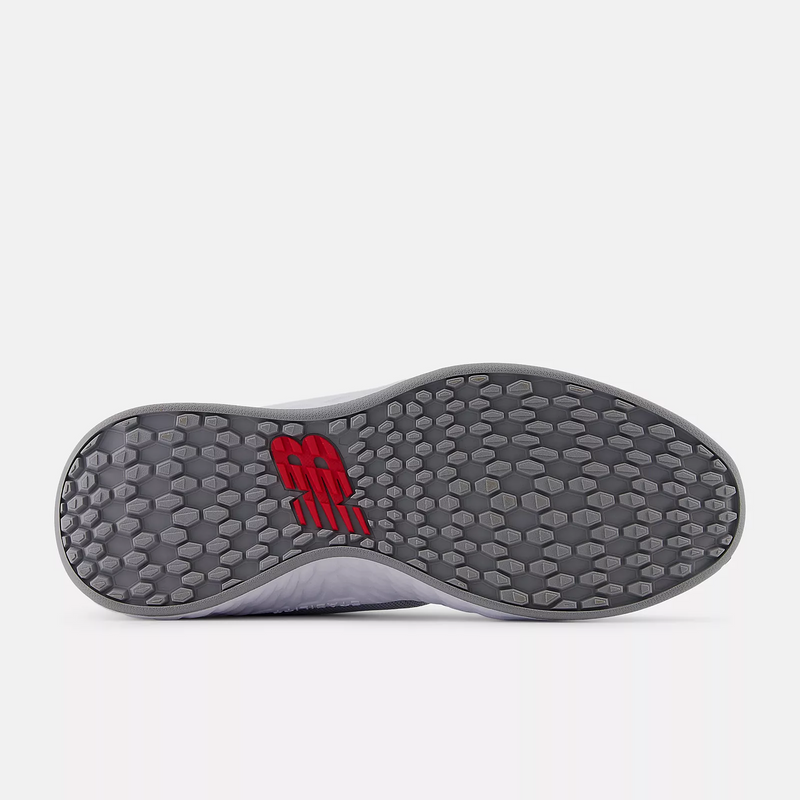 New Balance Golf Fresh Foam ROAV Golf shoe outsole with hexagonal traction pattern and red logo detailing in gray rubber.