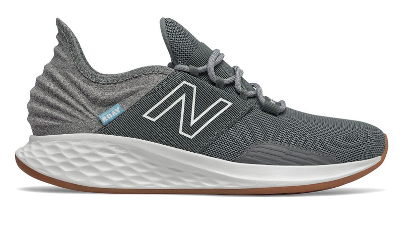 New Balance Fresh Foam Roav Tee Shirt running shoes in gray with mesh upper, cushioned midsole, and gum outsole, side view.