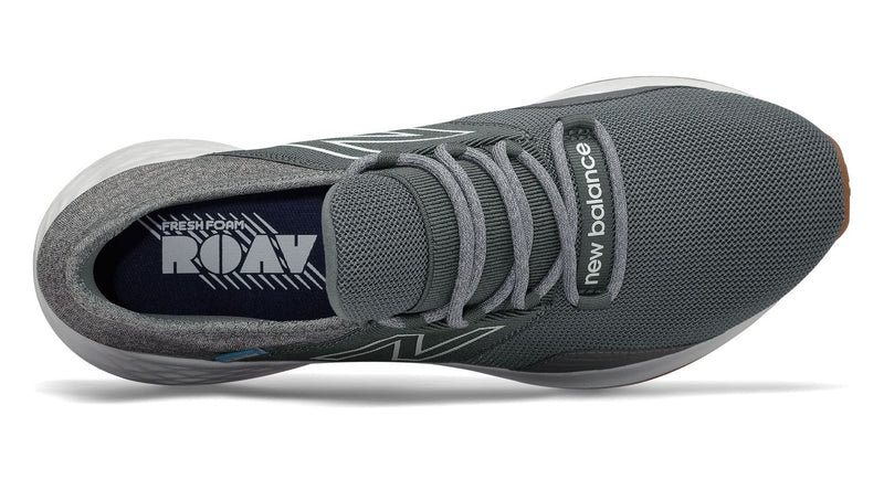 New Balance Fresh Foam Roav Tee Shirt running shoes in gray with mesh upper and branded insole, top view.
