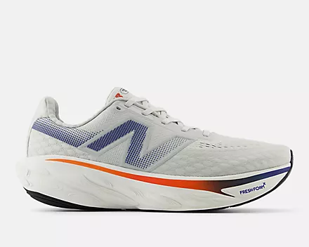 New Balance Fresh Foam X 1080v14 running shoes in white with blue and orange accents, breathable mesh upper and cushioned midsole, side view.