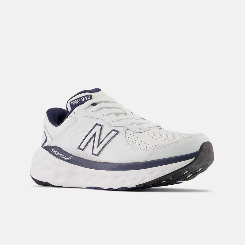 New Balance Fresh Foam X 840F running shoes in white with navy accents, mesh upper, and cushioned Fresh Foam midsole, side angle.