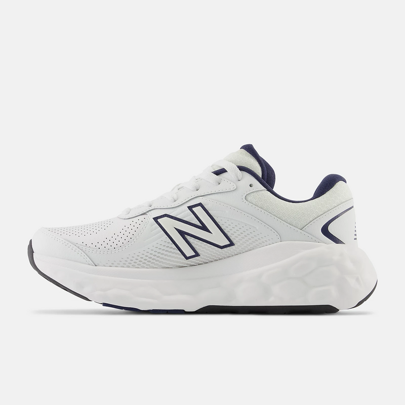 New Balance Fresh Foam X 840F running shoes in white with navy accents, featuring a cushioned Fresh Foam midsole and mesh upper, side view.