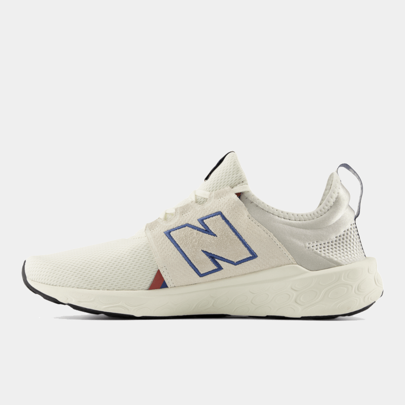 New Balance Fresh Foam X Cruz v3 running shoes in cream with blue logo and cushioned sole, side view.