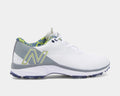 New Balance Golf Fresh Foam X Defender golf shoes in white with gray accents, Fresh Foam cushioning, and spiked outsole, side view.