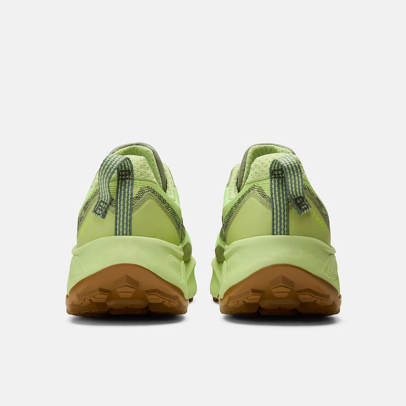 New Balance Fresh Foam X Hierro v9 trail running shoes in lime green with textured heel design and tan outsole, back view showing pull tabs.