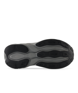 New Balance Fresh Foam X More v5 running shoes outsole, featuring black and gray rubber with traction patterns and flex grooves.