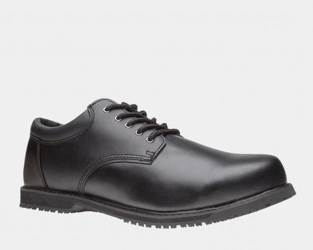 Grabbers Friction work shoes in black with polished leather upper, metal eyelets, and slip-resistant rubber outsole, side view.