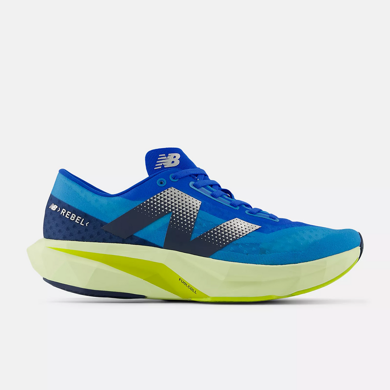 New Balance FuelCell Rebel v4 running shoes in vibrant blue with a breathable mesh upper, lime green midsole, and lightweight design, side view.