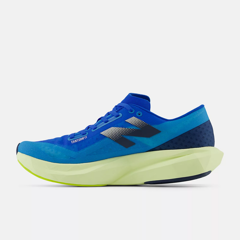 New Balance FuelCell Rebel v4 running shoes in vivid blue with white accents, mesh upper, and lime green sole, side view.