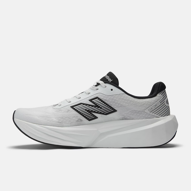 New Balance FuelCell Rebel v5 running shoes in white with black accents, lightweight mesh upper, and cushioned midsole, side view.