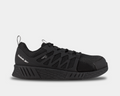 Reebok Work Fushion Flexweave™ Work shoes in black with mesh upper, Flexweave support frame, and cushioned outsole, side view.