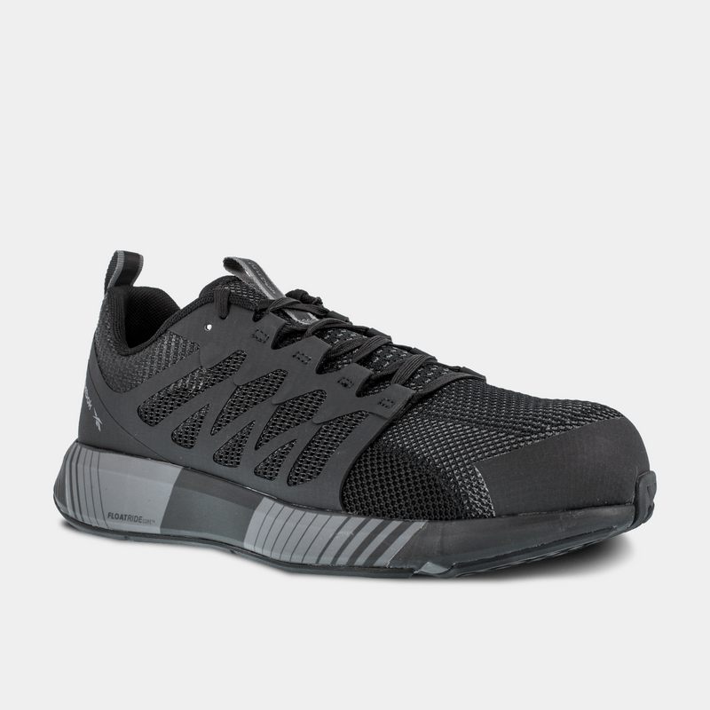 Reebok Work Fushion Flexweave™ Work shoes in black with mesh upper, durable Flexweave design, and cushioned sole, front-side view.