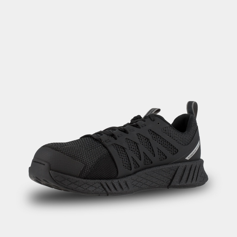 Reebok Work Fushion Flexweave™ Work shoes in black, featuring a Flexweave mesh upper and durable slip-resistant outsole, angled front view.