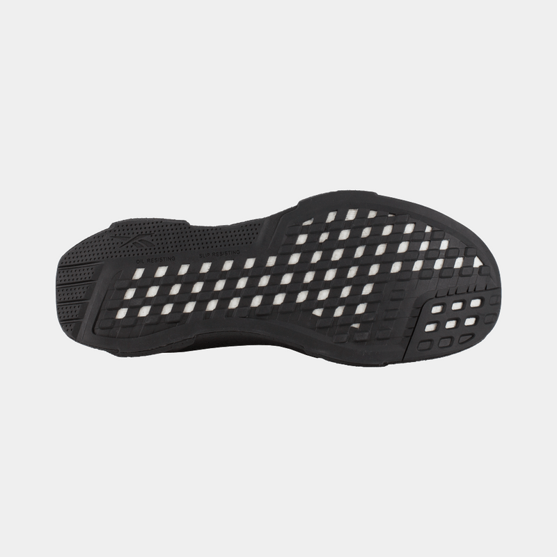 Reebok Work Fushion Flexweave™ Work shoes outsole featuring slip-resistant rubber with a textured pattern in black, sole/bottom view.