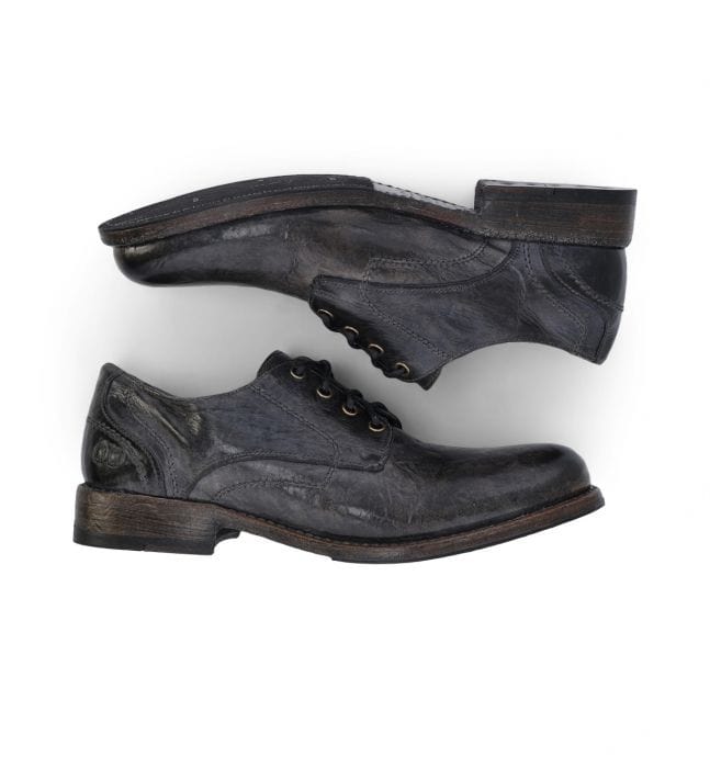 Bed Stu Galao shoes in distressed black leather with burnished finish, stacked wooden heel and lace-up details, side view.