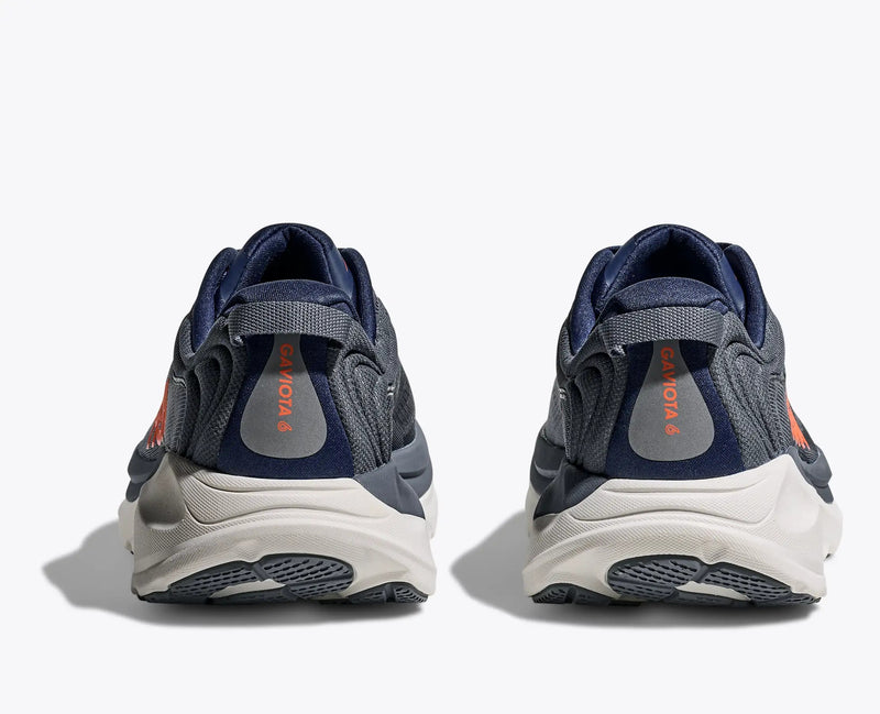 HOKA Gaviota 6 running shoes in blue and gray with orange branding, back view showing padded collar and textured outsole.