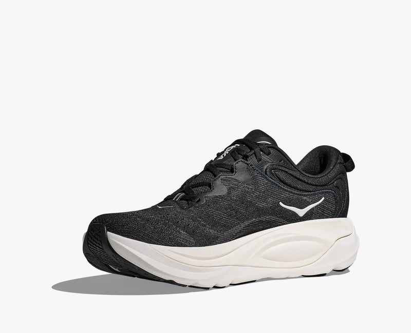 HOKA Gaviota 6 running shoes in black with a breathable mesh upper, cushioned white midsole, and a stability-focused design, side view.