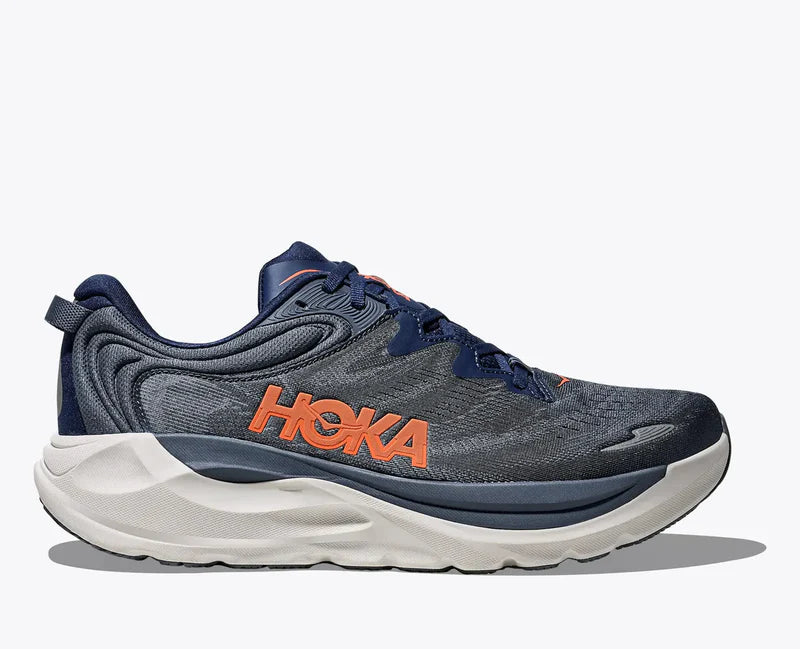 HOKA Gaviota 6 running shoes in navy blue with orange branding, cushioned midsole, and durable outsole, side view.