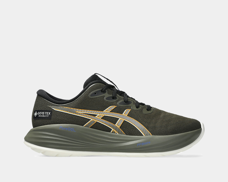 Asics Gel-Cumulus 27 GTX running shoes in olive green with Gore-Tex Invisible Fit upper and PureGEL cushioning, side view