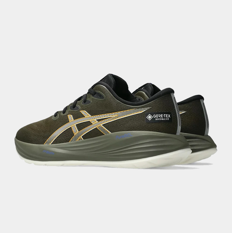 Asics Gel-Cumulus 27 GTX running shoes in olive green with Gore-Tex Invisible Fit, side and back view showing lightweight midsole.