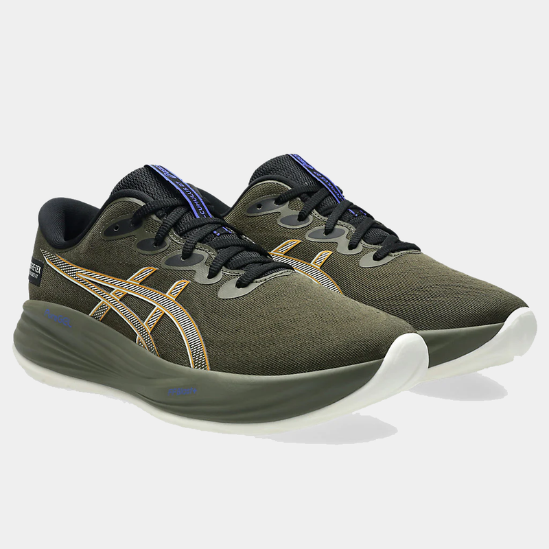 Asics Gel-Cumulus 27 GTX running shoes in olive green with Gore-Tex upper, orange accents, and cushioned sole, front angled view.