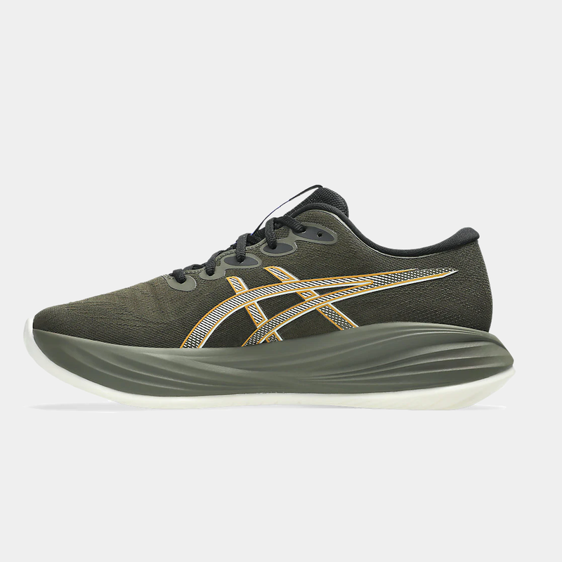 Asics Gel-Cumulus 27 GTX running shoes side view in olive green with Gore-Tex upper and cushioned midsole.