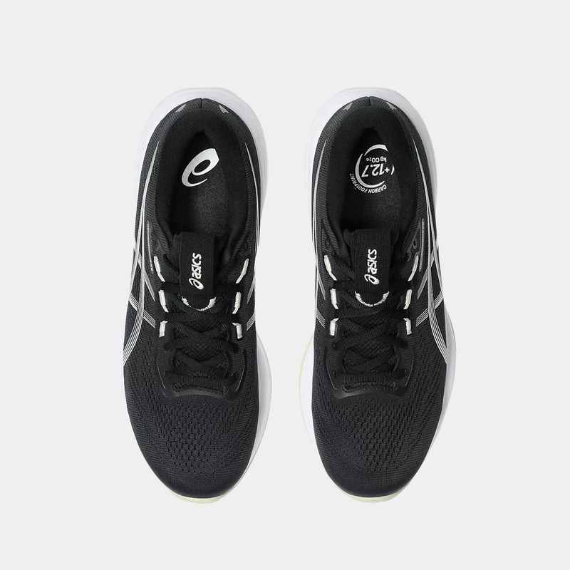 Asics Gel-Cumulus 28 running shoes in black with mesh upper and white accents, top view showcasing lace system and branded insole.