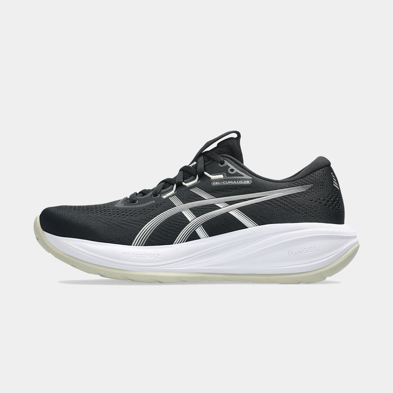Asics Gel-Cumulus 28 running shoes in black with white accents, breathable mesh upper, and cushioned PureGEL midsole, side view.