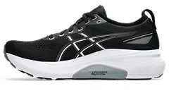 Asics Gel-Kayano 31 running shoes in black with white and gray accents, featuring a mesh upper and FLYTEFOAM cushioning, side view.