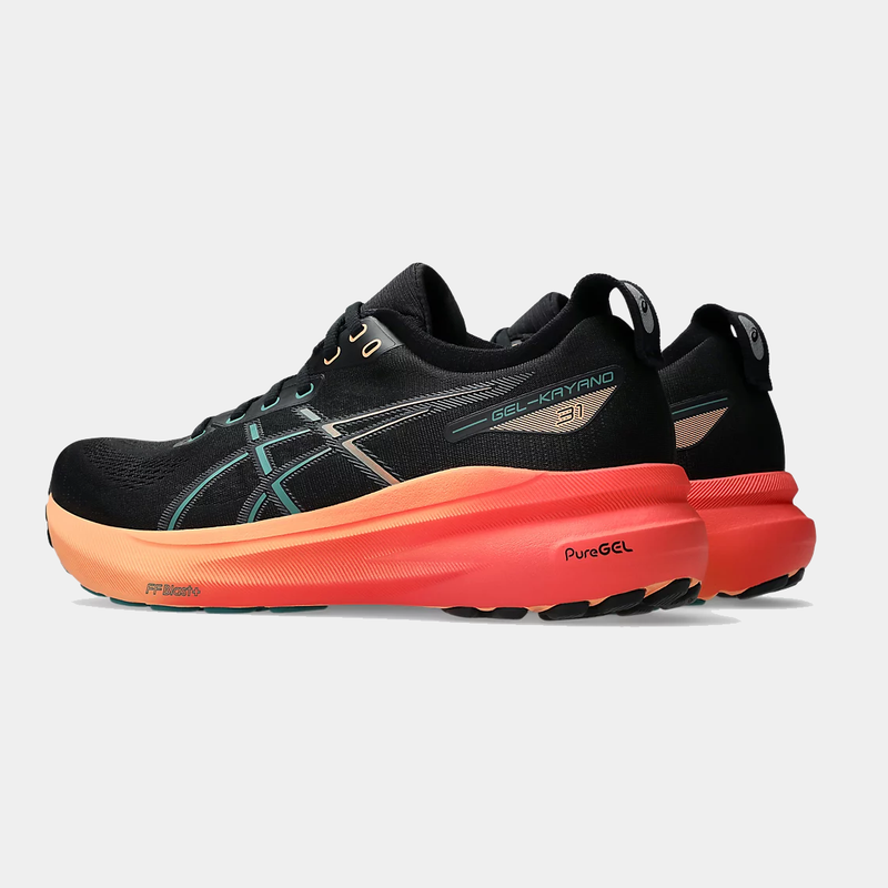 Asics Gel-Kayano 31 running shoes in black with teal accents and a gradient orange-to-red midsole, side angle view.