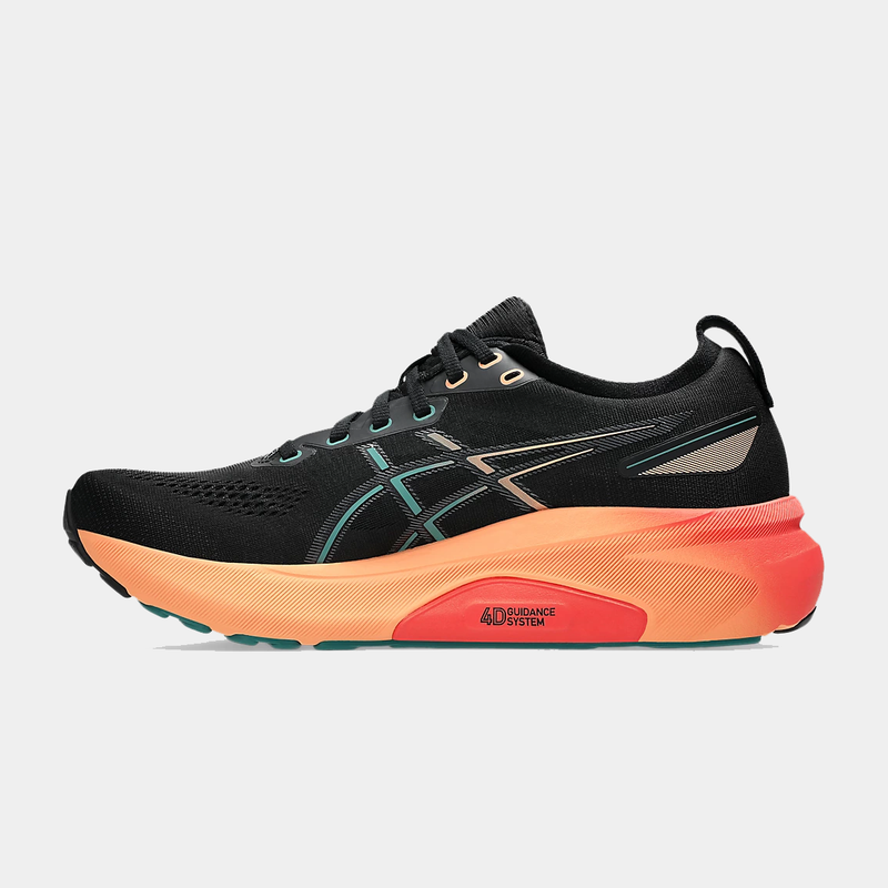 Asics Gel-Kayano 31 running shoes in black with orange gradient midsole, teal accents, and 4D Guidance System, side view.